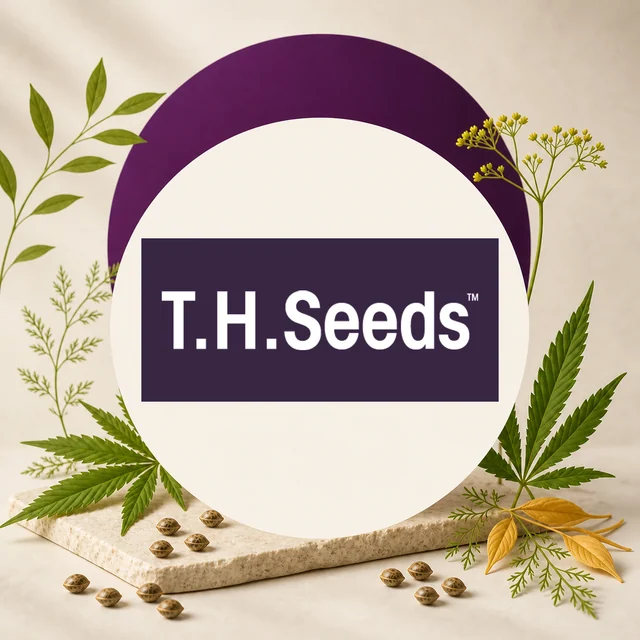 Logotipo blanco de T.H.Seeds sobre un rectángulo morado, rodeado de hojas de cannabis, ramas y semillas sobre una base beige.