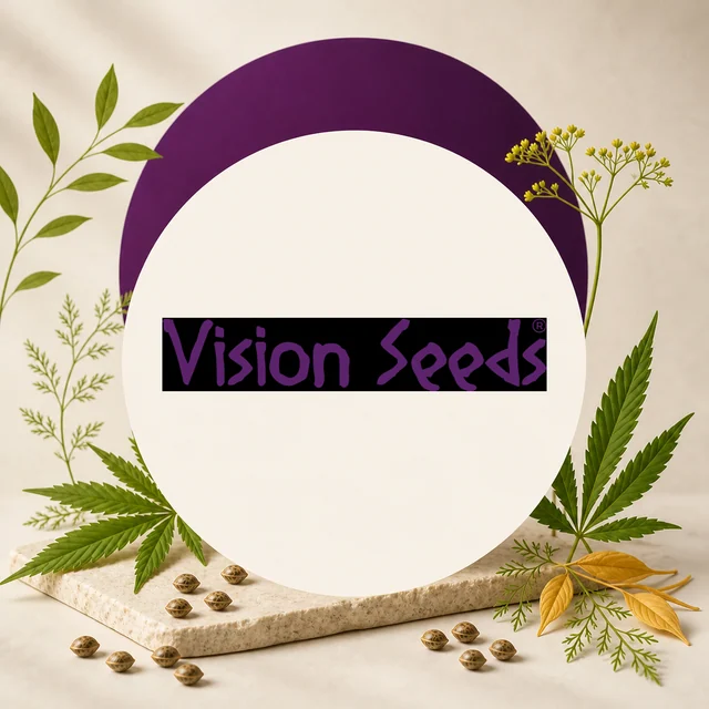Logotipo morado de Vision Seeds sobre un círculo claro, rodeado de semillas, hojas de cannabis y ramas decorativas. Logotipo morado de Vision Seeds sobre un círculo claro, rodeado de semillas, hojas de cannabis y ramas decorativas.