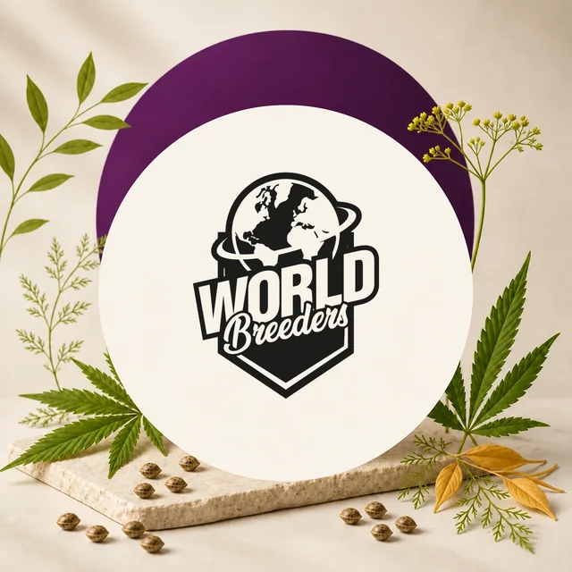 Logotipo negro de World Breeders con un globo terráqueo, en un círculo crema rodeado de hojas de cannabis y semillas. Logotipo negro de World Breeders con un globo terráqueo, en un círculo crema rodeado de hojas de cannabis y semillas.