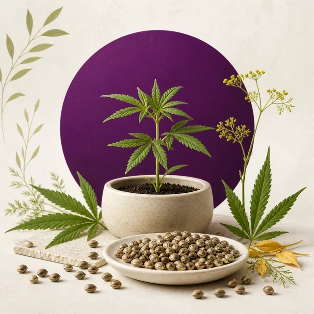Planta de cannabis en maceta tras un plato lleno de semillas, rodeado de hojas sobre una superficie clara y con un círculo morado al fondo.