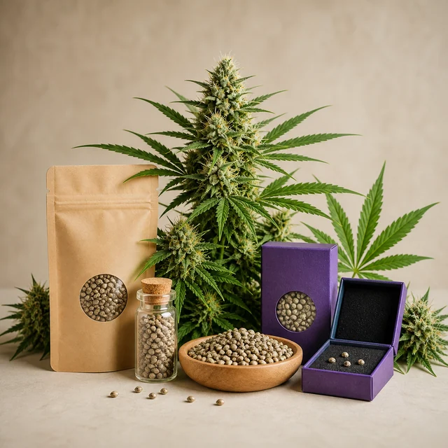Semillas en un cuenco, un frasco y envases beige y morados, delante de una planta de cannabis con abundantes flores.
