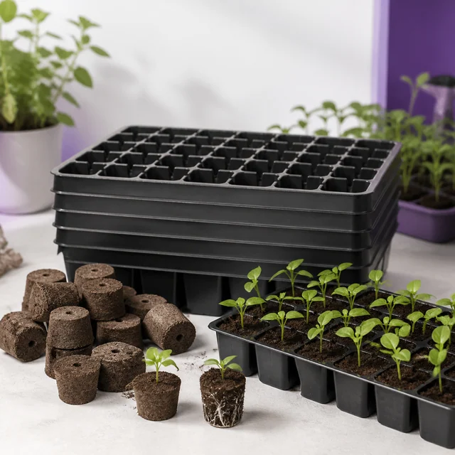 Bandejas negras de semillero apiladas junto a tapones de germinación y una bandeja con plántulas; delante, un tapón muestra raíces blancas. Bandejas negras de semillero apiladas junto a tapones de germinación y una bandeja con plántulas; delante, un tapón muestra raíces blancas.