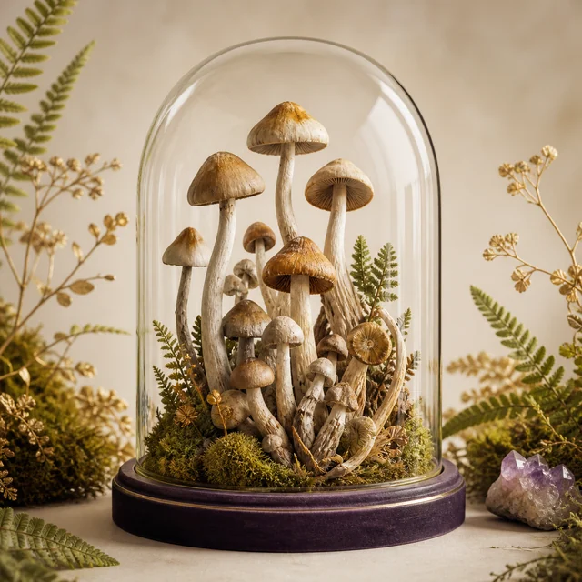 Escena de setas de distintas alturas bajo una campana de cristal con base morada, entre musgo y helechos, junto a un cristal violeta. Escena de setas de distintas alturas bajo una campana de cristal con base morada, entre musgo y helechos, junto a un cristal violeta.