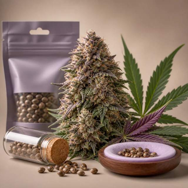 Cogollo de cannabis junto a hojas verdes y moradas, semillas en un cuenco, un frasco tumbado y una bolsa con ventana. Cogollo de cannabis junto a hojas verdes y moradas, semillas en un cuenco, un frasco tumbado y una bolsa con ventana.