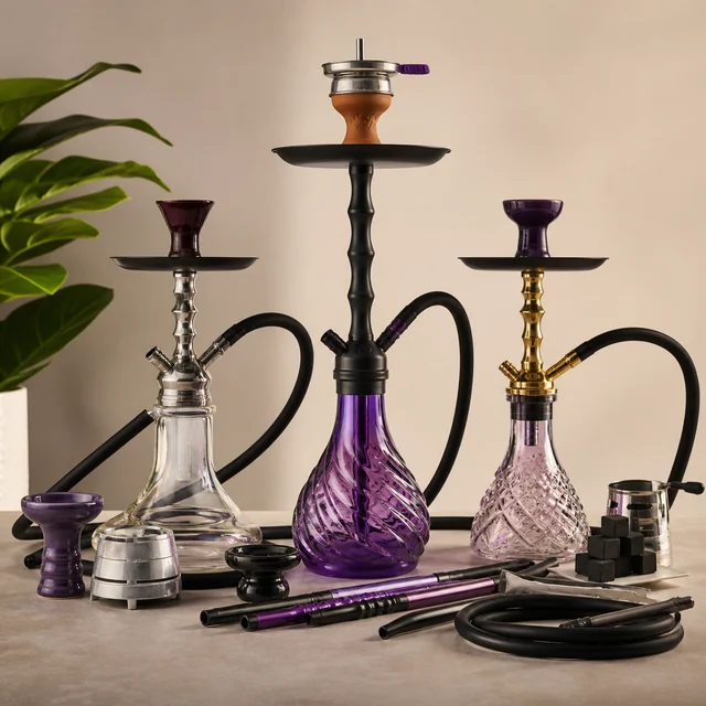 Tres cachimbas de distintos tamaños y diseños, con bases transparentes y moradas, rodeadas de mangueras, boquillas y accesorios.