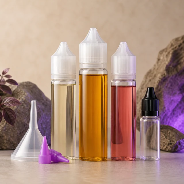 Tres botellas transparentes con líquidos de distintos colores y tapones blancos, junto a un frasco pequeño, un embudo y boquillas. Tres botellas transparentes con líquidos de distintos colores y tapones blancos, junto a un frasco pequeño, un embudo y boquillas.