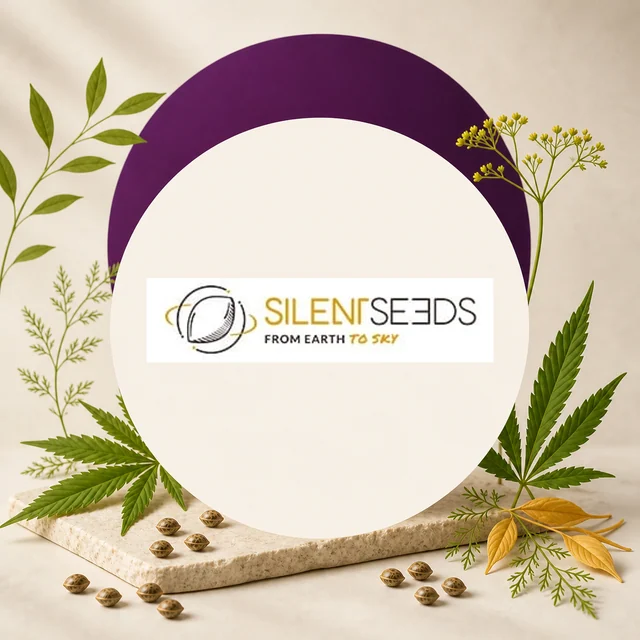 Logotipo de Silent Seeds con el lema «From Earth to Sky» en un círculo crema, entre hojas de cannabis, semillas y ramas. Logotipo de Silent Seeds con el lema «From Earth to Sky» en un círculo crema, entre hojas de cannabis, semillas y ramas.