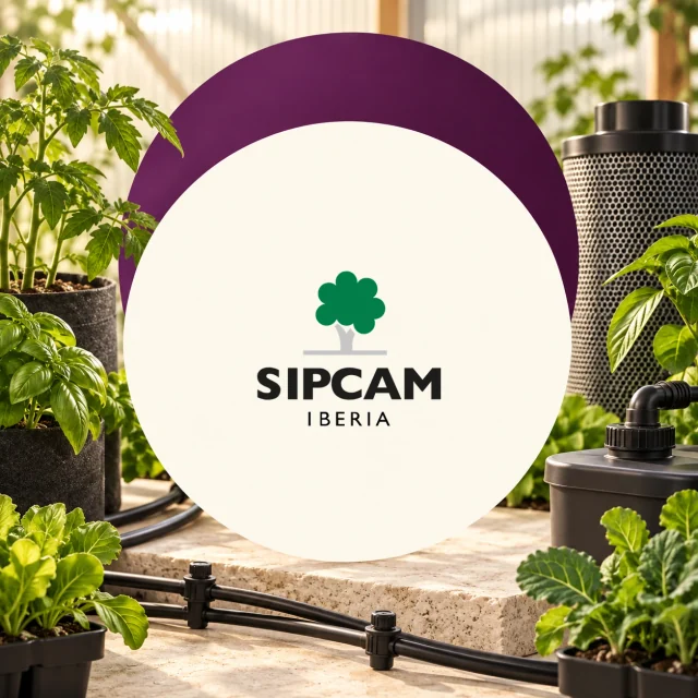 Logotipo Sipcam Iberia en un círculo claro, rodeado de plantas en macetas, tubos de riego y un filtro cilíndrico en un invernadero. Logotipo Sipcam Iberia en un círculo claro, rodeado de plantas en macetas, tubos de riego y un filtro cilíndrico en un invernadero.