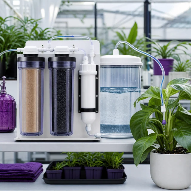 Sistema con cartuchos filtrantes y depósito transparente conectado por un tubo a una maceta, sobre una mesa de invernadero. Sistema con cartuchos filtrantes y depósito transparente conectado por un tubo a una maceta, sobre una mesa de invernadero.