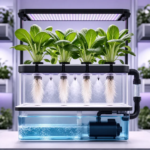 Sistema de cultivo con luz superior, plantas de hojas verdes y raíces suspendidas entre pulverizadores, sobre un depósito con bomba y tuberías.