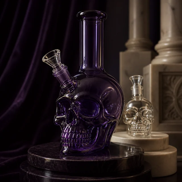 Bong morado con cuerpo de calavera, cuello largo y cazoleta lateral, sobre un pedestal oscuro; otro transparente aparece al fondo.