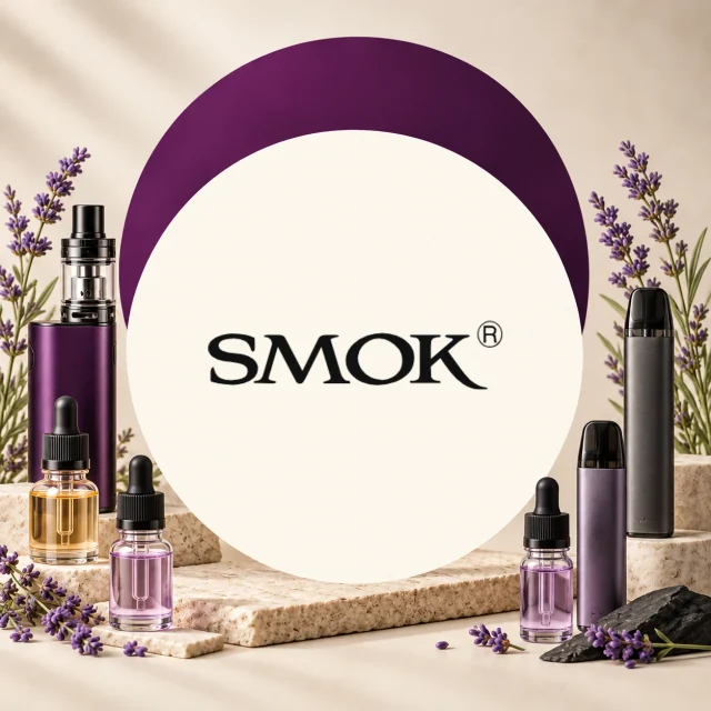 Logotipo SMOK rodeado de vapeadores negros y morados y frascos con cuentagotas, sobre bases claras entre flores violetas. Logotipo SMOK rodeado de vapeadores negros y morados y frascos con cuentagotas, sobre bases claras entre flores violetas.