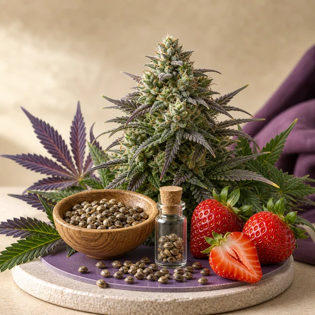 Composición ilustrada con un cogollo de cannabis, hojas verdes y moradas, semillas en un cuenco y un frasco, y fresas enteras y cortadas.