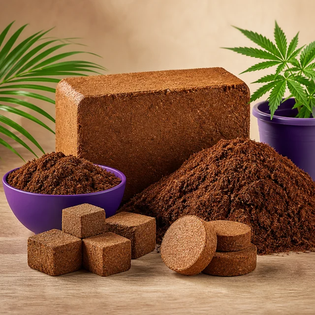 Sustrato de coco suelto y prensado en un bloque, cubos y discos, junto a un cuenco morado y plantas. Sustrato de coco suelto y prensado en un bloque, cubos y discos, junto a un cuenco morado y plantas.