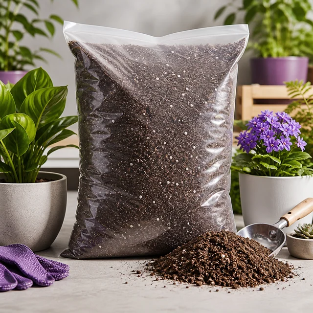 Bolsa transparente de sustrato oscuro con partículas blancas, junto a un montón de tierra, una pala y plantas en macetas. Bolsa transparente de sustrato oscuro con partículas blancas, junto a un montón de tierra, una pala y plantas en macetas.