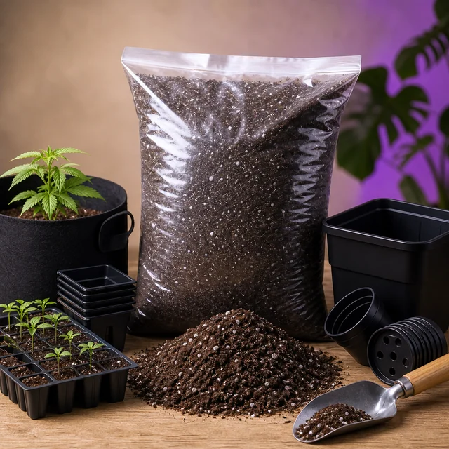 Bolsa transparente de sustrato oscuro con partículas blancas, junto a un montículo, una pala, macetas negras y una bandeja de plántulas. Bolsa transparente de sustrato oscuro con partículas blancas, junto a un montículo, una pala, macetas negras y una bandeja de plántulas.