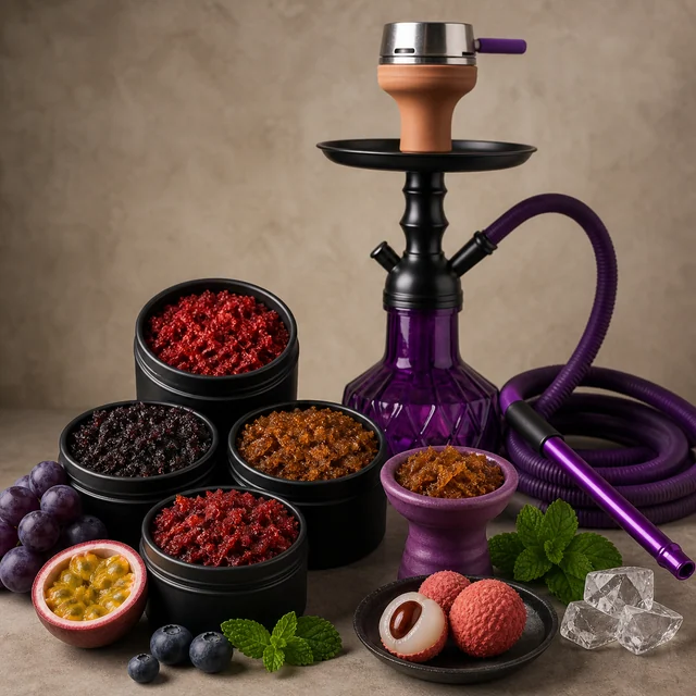 Cachimba morada con manguera junto a recipientes abiertos con mezclas de distintos colores, una cazoleta, frutas, menta y cubos transparentes. Cachimba morada con manguera junto a recipientes abiertos con mezclas de distintos colores, una cazoleta, frutas, menta y cubos transparentes.