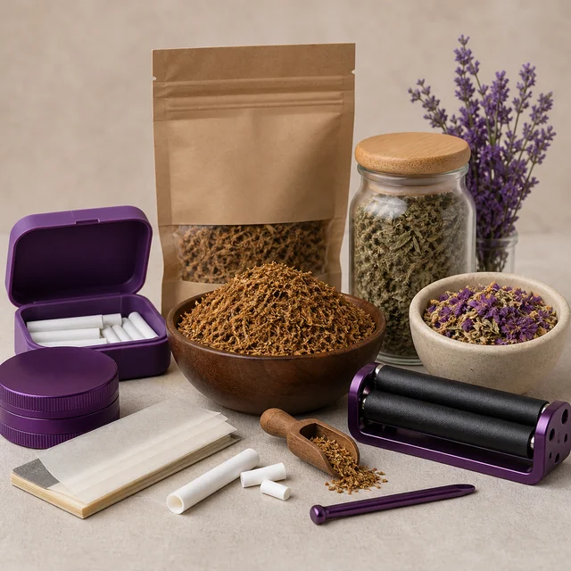 Mezclas vegetales secas en cuencos, bolsa y tarro, junto a papeles, filtros y accesorios morados para liar.