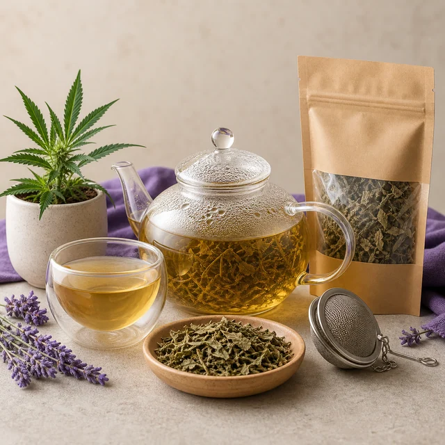Tetera transparente con infusión y hierbas, taza, bolsa de hojas secas e infusor metálico, junto a una planta de cannabis en maceta.
