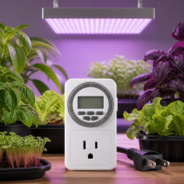 Temporizador de enchufe con pantalla y dial circular, junto a un cable, ante plantas iluminadas por un panel de luz violeta. Temporizador de enchufe con pantalla y dial circular, junto a un cable, ante plantas iluminadas por un panel de luz violeta.