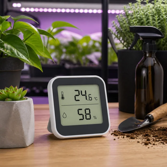 Termohigrómetro digital con lecturas de 24,6 °C y 58 % sobre una mesa, junto a plantas, un pulverizador y una pala con tierra.