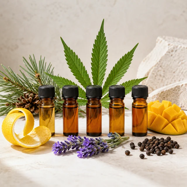 Cinco frascos ámbar con tapones negros ante una hoja de cannabis, rodeados de piel de cítrico, lavanda, pimienta, pino y mango.