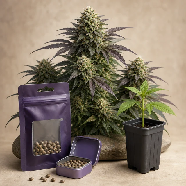 Planta de cannabis con cogollos y hojas moradas, junto a una bolsa y una lata con semillas y una planta joven en maceta. Planta de cannabis con cogollos y hojas moradas, junto a una bolsa y una lata con semillas y una planta joven en maceta.