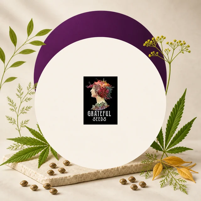 Logotipo de Grateful Seeds con un perfil femenino y motivos vegetales sobre un círculo claro, entre hojas de cannabis y semillas.