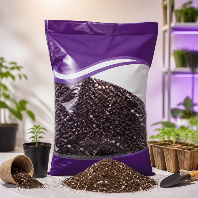 Bolsa morada con ventana que muestra sustrato oscuro, junto a un montón de tierra, macetas con plántulas y una pala de mano. Bolsa morada con ventana que muestra sustrato oscuro, junto a un montón de tierra, macetas con plántulas y una pala de mano.