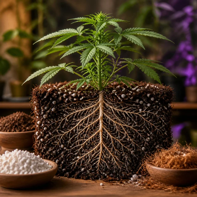 Ilustración de una planta de cannabis con raíces expuestas en un bloque de sustrato, junto a cuencos con gránulos blancos y fibras marrones. Ilustración de una planta de cannabis con raíces expuestas en un bloque de sustrato, junto a cuencos con gránulos blancos y fibras marrones.