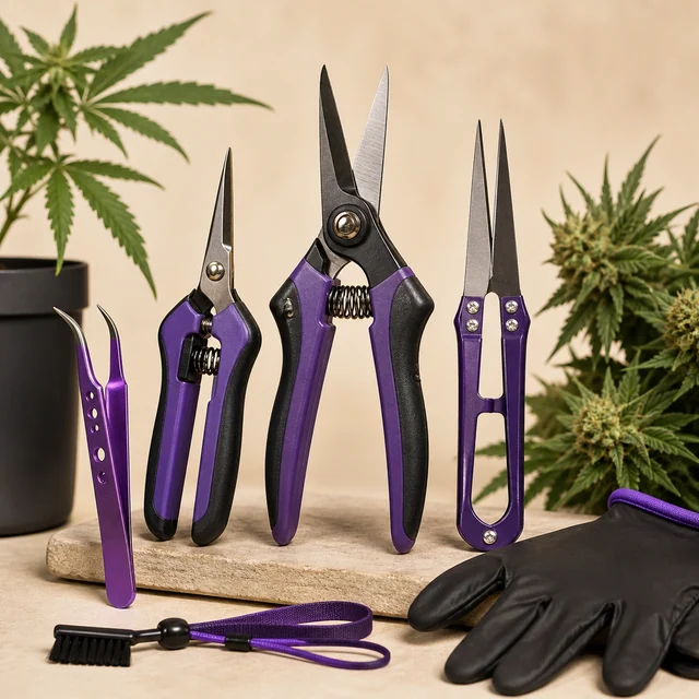 Selección de tres tijeras de poda y recorte con mangos morados, junto a pinzas curvas, guantes negros y plantas de cannabis. Selección de tres tijeras de poda y recorte con mangos morados, junto a pinzas curvas, guantes negros y plantas de cannabis.