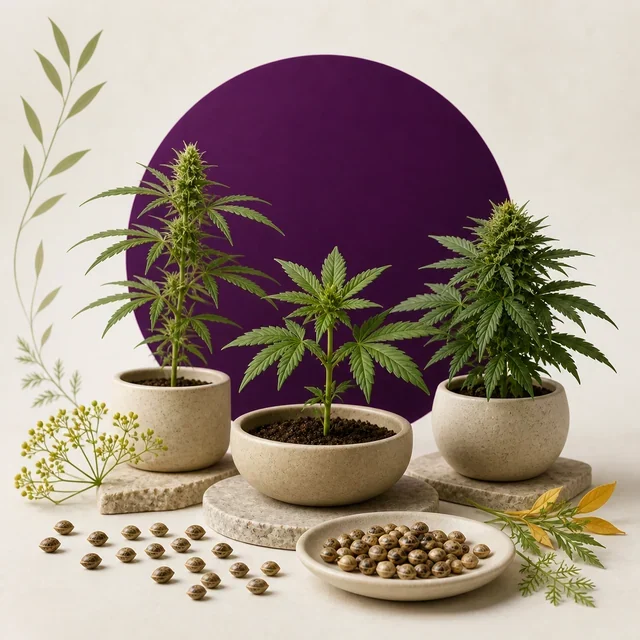Tres plantas de cannabis de distintos tamaños y con diferente desarrollo floral en macetas, junto a semillas y un fondo circular morado. Tres plantas de cannabis de distintos tamaños y con diferente desarrollo floral en macetas, junto a semillas y un fondo circular morado.