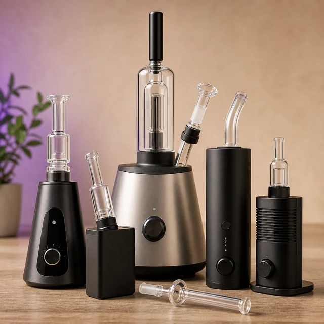 Selección de vaporizadores de sobremesa negros y plateados, con distintos cuerpos y boquillas transparentes sobre una mesa. Selección de vaporizadores de sobremesa negros y plateados, con distintos cuerpos y boquillas transparentes sobre una mesa.