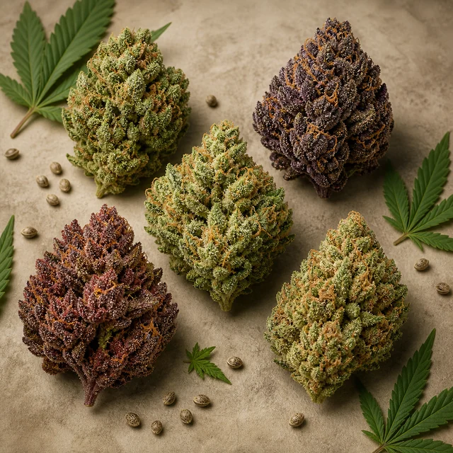 Cinco cogollos de cannabis de distintos tonos verdes y morados sobre una superficie beige, rodeados de hojas y semillas. Cinco cogollos de cannabis de distintos tonos verdes y morados sobre una superficie beige, rodeados de hojas y semillas.