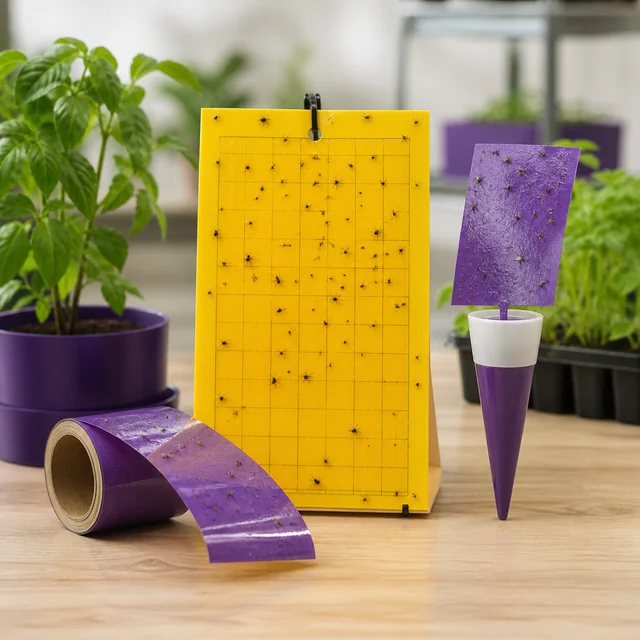 Trampas adhesivas con insectos: una placa amarilla cuadriculada, una placa morada sobre un soporte y una cinta morada en rollo.