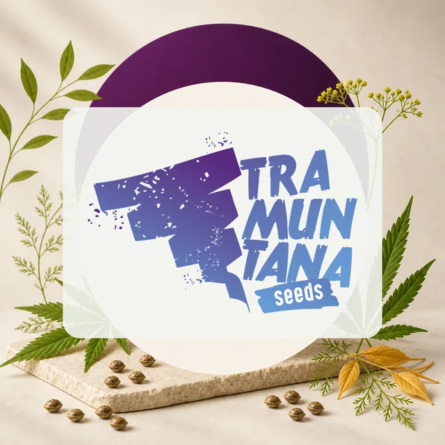 Logotipo de Tramuntana Seeds en tonos morados y azules, rodeado de hojas, semillas y un arco morado sobre fondo beige. Logotipo de Tramuntana Seeds en tonos morados y azules, rodeado de hojas, semillas y un arco morado sobre fondo beige.