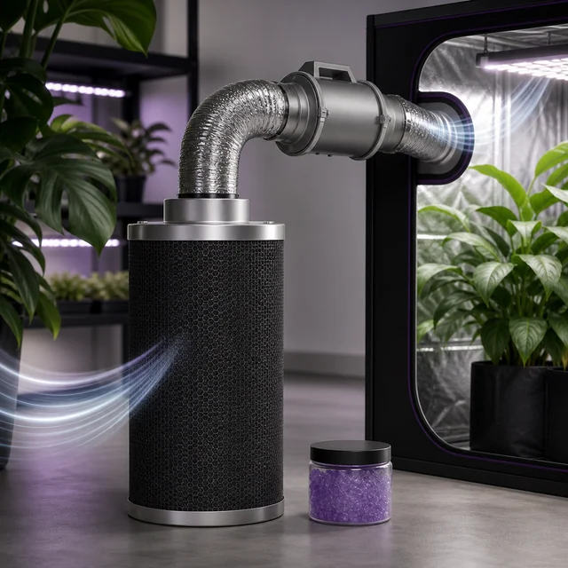 Filtro cilíndrico conectado a un extractor y un conducto junto a un armario de cultivo, con líneas de aire ilustradas y un bote de gránulos.