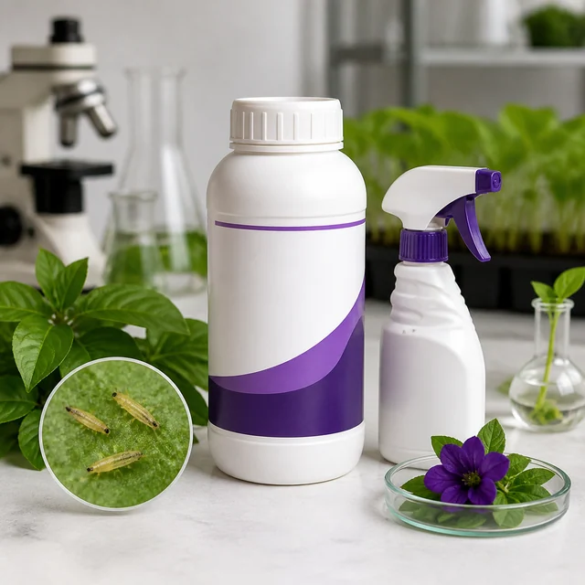 Bote blanco con franjas moradas y pulverizador entre plantas y material de laboratorio, con un detalle circular de trips sobre una hoja. Bote blanco con franjas moradas y pulverizador entre plantas y material de laboratorio, con un detalle circular de trips sobre una hoja.