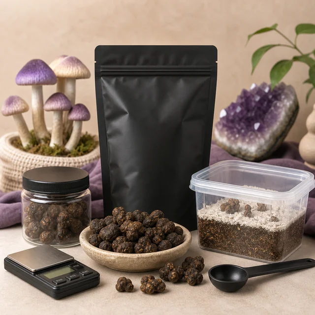 Bodegón de trufas marrones en un cuenco y un tarro, con bolsa negra, recipiente de sustrato, báscula, cuchara y setas al fondo. Bodegón de trufas marrones en un cuenco y un tarro, con bolsa negra, recipiente de sustrato, báscula, cuchara y setas al fondo.