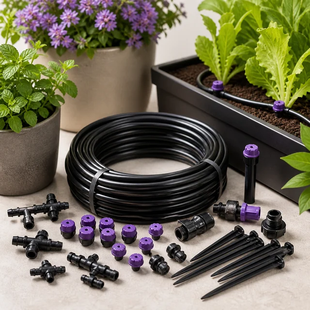 Rollo de tubo negro, goteros con tapas moradas, conectores y estacas de riego junto a una jardinera con lechugas.