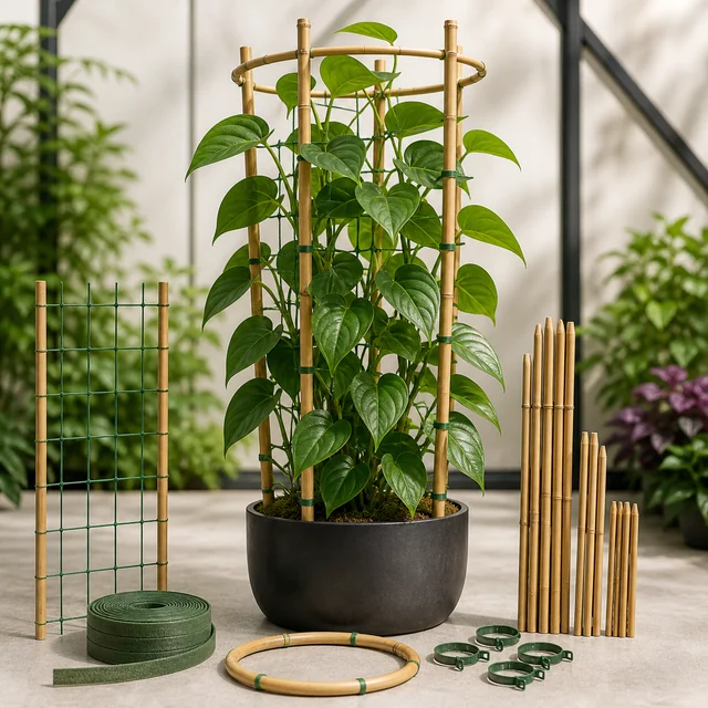Planta en maceta sostenida por cañas y aros, junto a una malla, tutores de varias longitudes, cinta verde y clips. Planta en maceta sostenida por cañas y aros, junto a una malla, tutores de varias longitudes, cinta verde y clips.