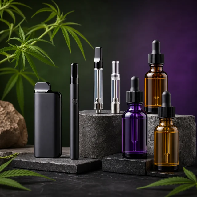 Selección de vaporizadores negros, cartuchos transparentes y frascos con cuentagotas ámbar y morado sobre bloques oscuros.