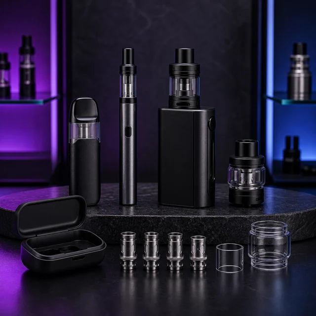 Vaporizadores negros de distintos formatos, depósitos, resistencias y piezas de vidrio con iluminación morada y azul. Vaporizadores negros de distintos formatos, depósitos, resistencias y piezas de vidrio con iluminación morada y azul.