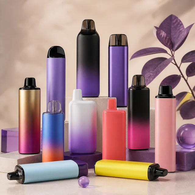 Selección de vapers de distintos formatos, colores lisos y degradados, dispuestos sobre pedestales y tumbados en primer plano. Selección de vapers de distintos formatos, colores lisos y degradados, dispuestos sobre pedestales y tumbados en primer plano.