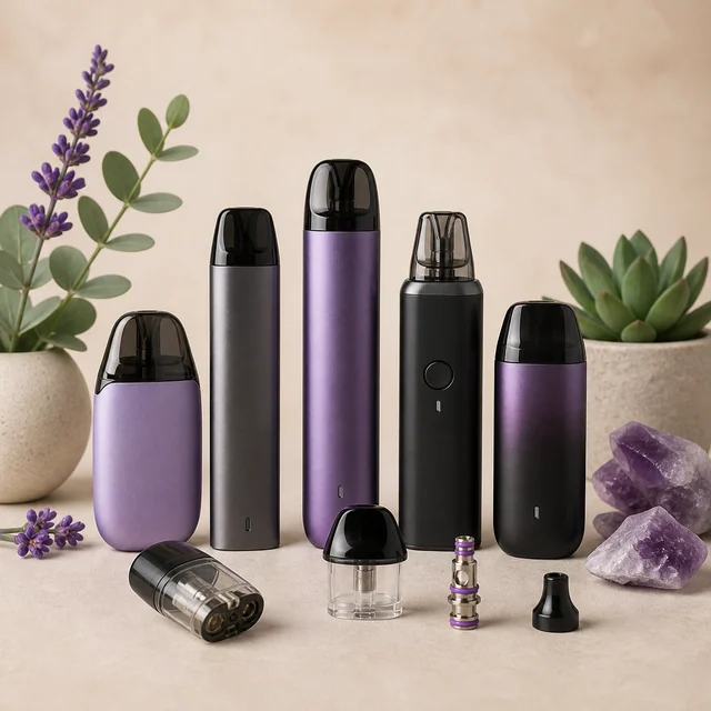 Selección de cinco vapeadores negros, grises y morados de distintas formas, con cartuchos y piezas separadas delante. Selección de cinco vapeadores negros, grises y morados de distintas formas, con cartuchos y piezas separadas delante.