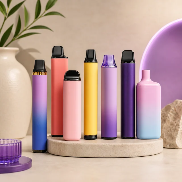 Selección de siete vapeadores de distintos formatos y colores, con boquillas variadas, dispuestos sobre una base circular y a su lado.