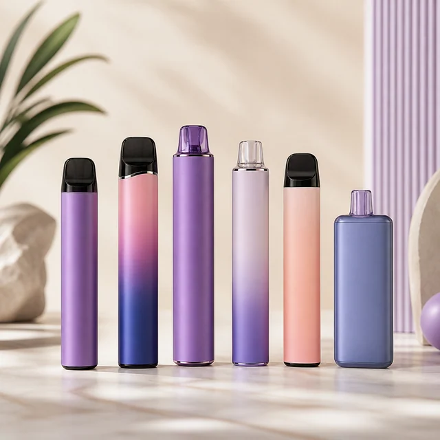 Seis vapeadores de distintos formatos en fila, con cuerpos morados, rosas y azules y boquillas negras o translúcidas. Seis vapeadores de distintos formatos en fila, con cuerpos morados, rosas y azules y boquillas negras o translúcidas.