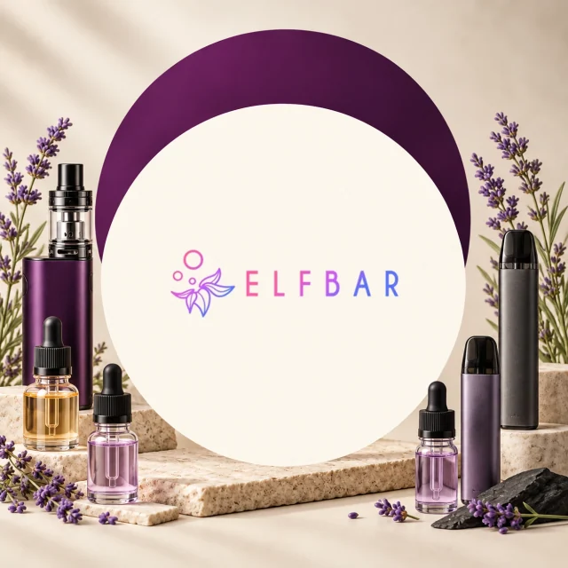 Texto «ELFBAR» en un círculo crema, rodeado de varios modelos de vapeadores, frascos con cuentagotas y ramas de lavanda.