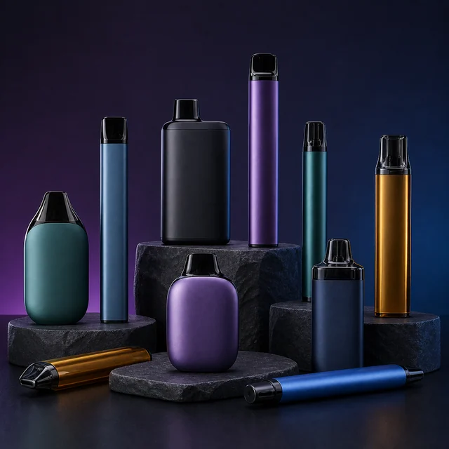 Selección de vapers de distintos colores y formatos, alargados y compactos, dispuestos sobre pedestales oscuros. Selección de vapers de distintos colores y formatos, alargados y compactos, dispuestos sobre pedestales oscuros.