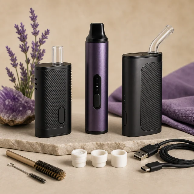 Tres modelos de vaporizadores negros y morado con distintas boquillas, junto a cepillos, piezas blancas y un cable USB. Tres modelos de vaporizadores negros y morado con distintas boquillas, junto a cepillos, piezas blancas y un cable USB.